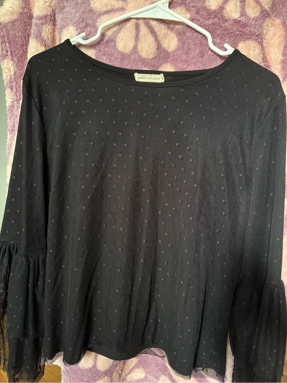 pebble and stone Black Swiss Dot Bell Sleeve Long Sleeve Top